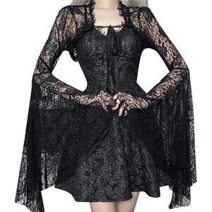 Women's Black 4 Goth Bell Long Sleeve Victorian Shrug Crop Top